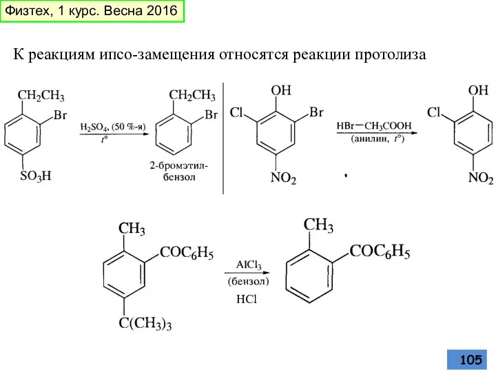 К реакциям ипсо-замещения относятся реакции протолиза HCl Физтех, 1 курс. Весна 2016