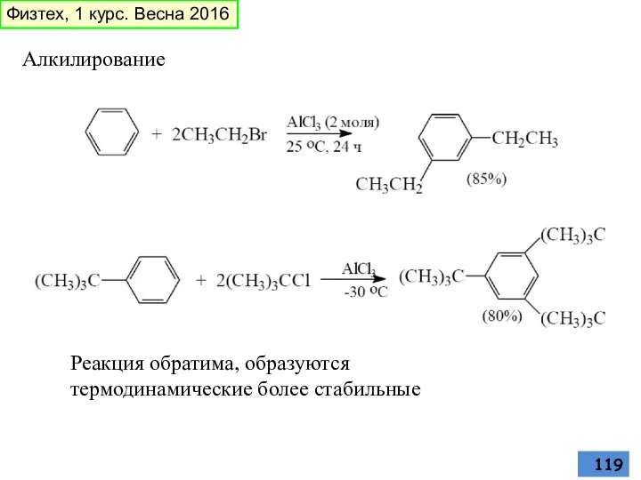 Алкилирование Реакция обратима, образуются термодинамические более стабильные Физтех, 1 курс. Весна 2016