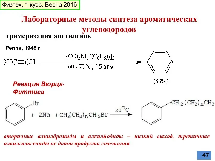 тримеризация ацетиленов Реппе, 1948 г Лабораторные методы синтеза ароматических углеводородов Реакция