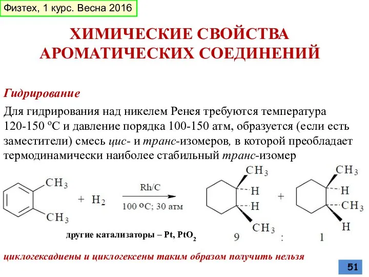 Гидрирование ХИМИЧЕСКИЕ СВОЙСТВА АРОМАТИЧЕСКИХ СОЕДИНЕНИЙ Для гидрирования над никелем Ренея требуются