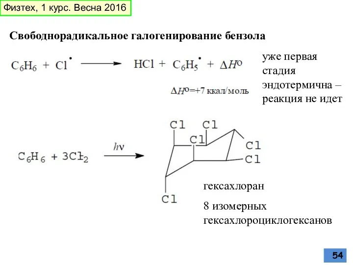 Свободнорадикальное галогенирование бензола уже первая стадия эндотермична – реакция не идет