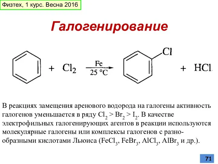 Галогенирование В реакциях замещения аренового водорода на галогены активность галогенов уменьшается