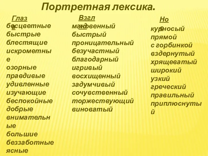 Портретная лексика. Глаза бесцветные быстрые блестящие искрометные озорные правдивые удивленные изучающие