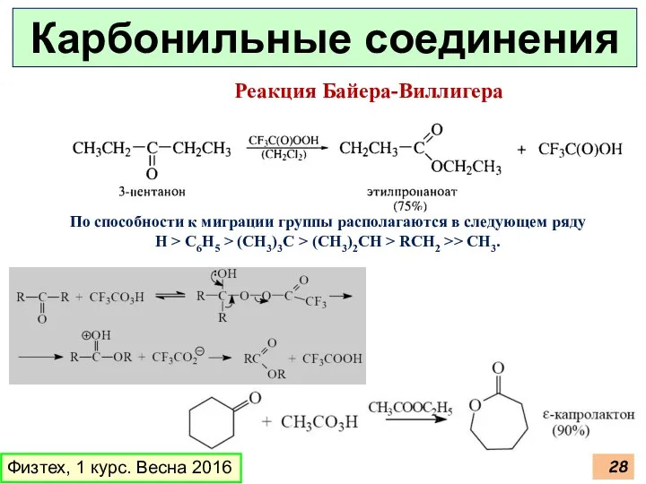 Физтех, 1 курс. Весна 2016 Карбонильные соединения Реакция Байера-Виллигера По способности