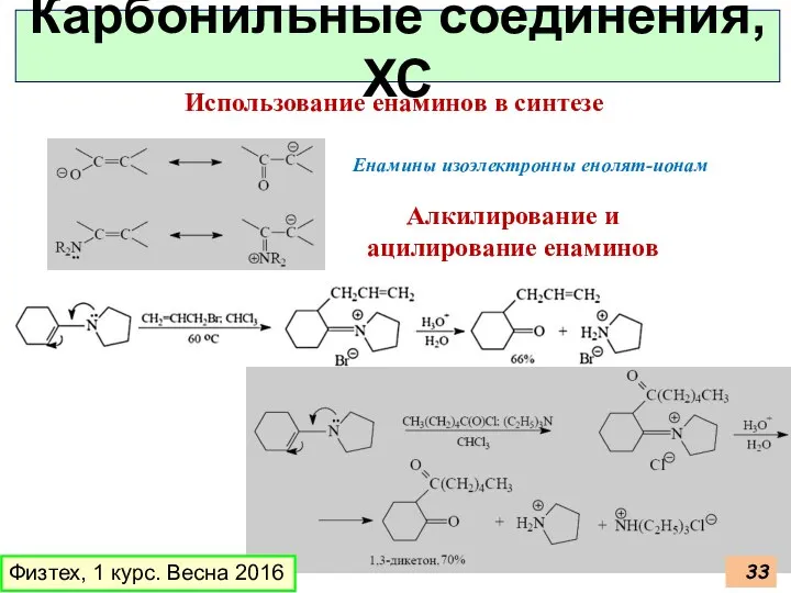 Физтех, 1 курс. Весна 2016 Карбонильные соединения, ХС Использование енаминов в