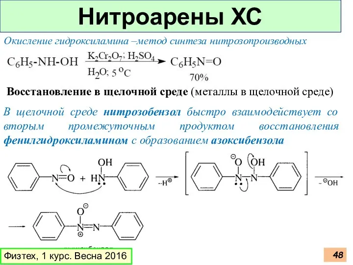 Нитроарены ХС Физтех, 1 курс. Весна 2016 Окисление гидроксиламина –метод синтеза