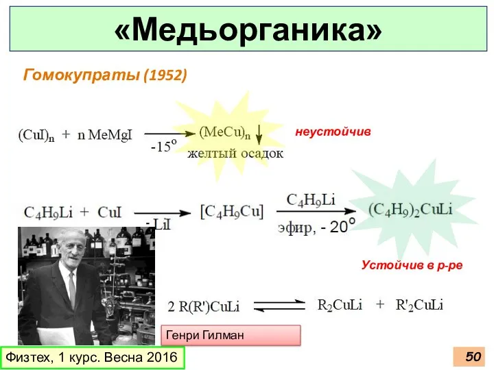 Физтех, 1 курс. Весна 2016 «Медьорганика» неустойчив Устойчив в р-ре Гомокупраты (1952) Генри Гилман