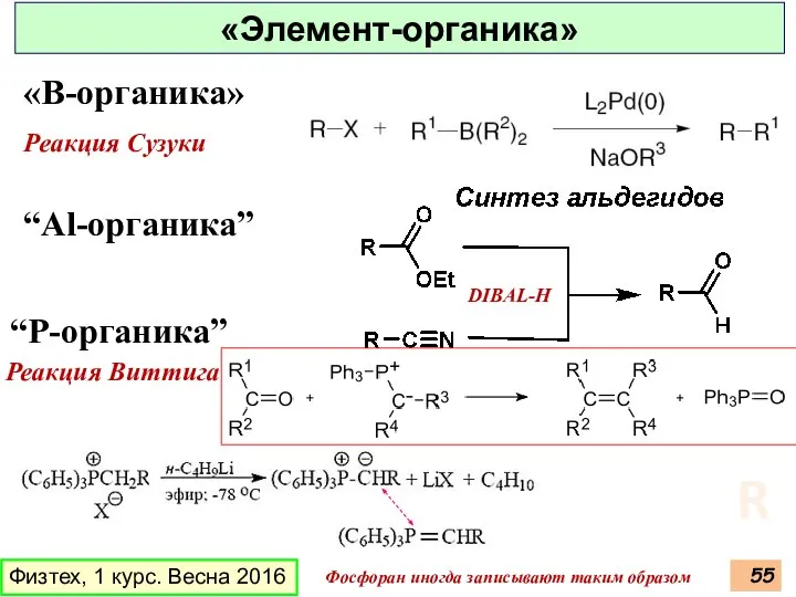 Физтех, 1 курс. Весна 2016 «Элемент-органика» «B-органика» Реакция Сузуки “Al-органика” DIBAL-H