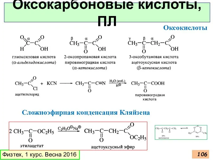 Оксокарбоновые кислоты, ПЛ Физтех, 1 курс. Весна 2016 Оксокислоты Сложноэфирная конденсация Кляйзена