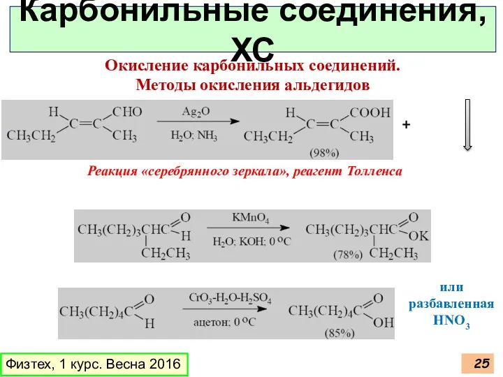 Физтех, 1 курс. Весна 2016 Карбонильные соединения, ХС Окисление карбонильных соединений.