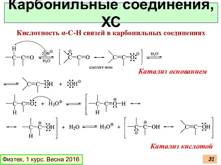 Физтех, 1 курс. Весна 2016 Карбонильные соединения, ХС Кислотность α-С-Н связей