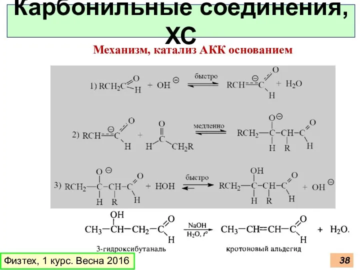 Физтех, 1 курс. Весна 2016 Карбонильные соединения, ХС Механизм, катализ АКК основанием