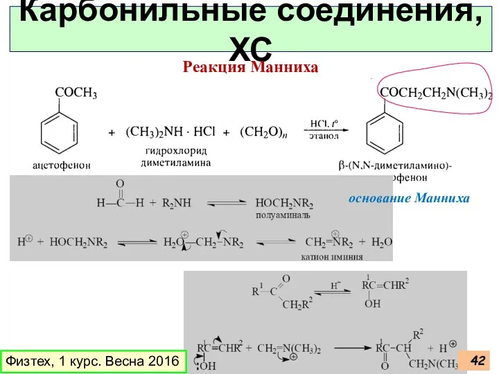 Физтех, 1 курс. Весна 2016 Карбонильные соединения, ХС Реакция Манниха основание Манниха