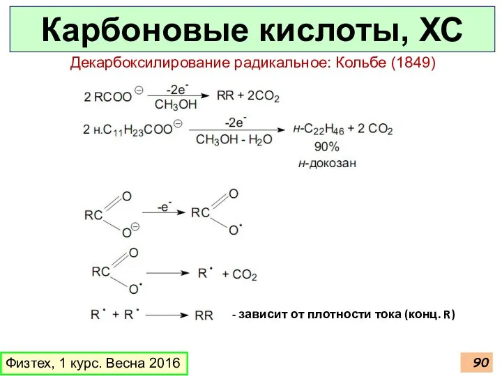 Карбоновые кислоты, ХС Физтех, 1 курс. Весна 2016 Декарбоксилирование радикальное: Кольбе