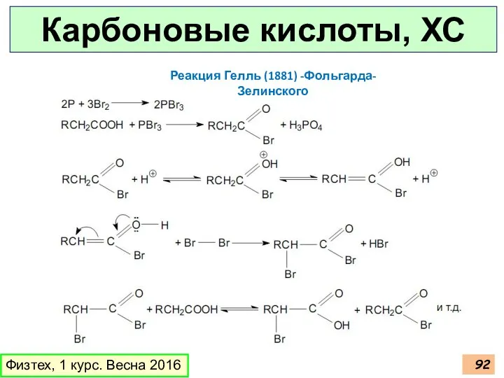 Карбоновые кислоты, ХС Физтех, 1 курс. Весна 2016 Реакция Гелль (1881) -Фольгарда-Зелинского