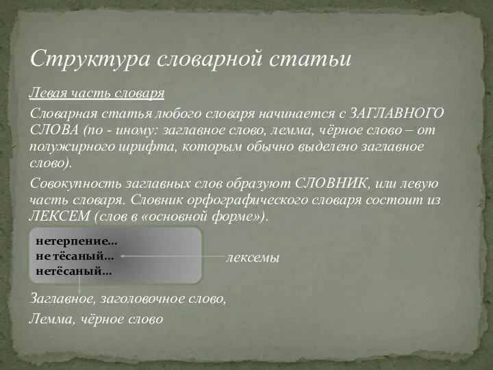 Левая часть словаря Словарная статья любого словаря начинается с ЗАГЛАВНОГО СЛОВА