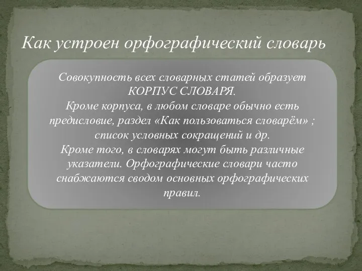 Как устроен орфографический словарь Совокупность всех словарных статей образует КОРПУС СЛОВАРЯ.