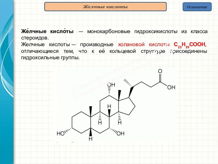 Оглавление Желчные кислоты Же́лчные кисло́ты — монокарбоновые гидроксикислоты из класса стероидов.