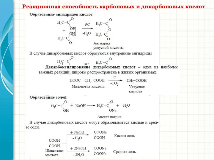 Реакционная способность карбоновых и дикарбоновых кислот