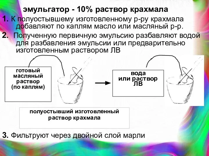 эмульгатор - 10% раствор крахмала 1. К полуостывшему изготовленному р-ру крахмала