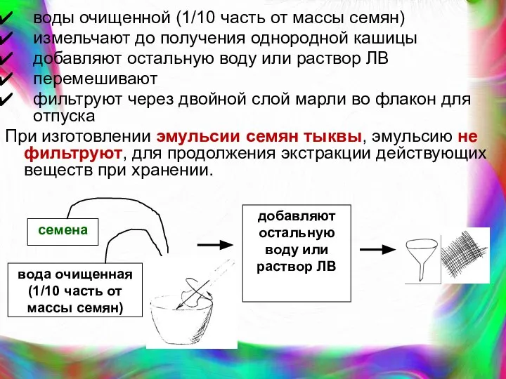 воды очищенной (1/10 часть от массы семян) измельчают до получения однородной