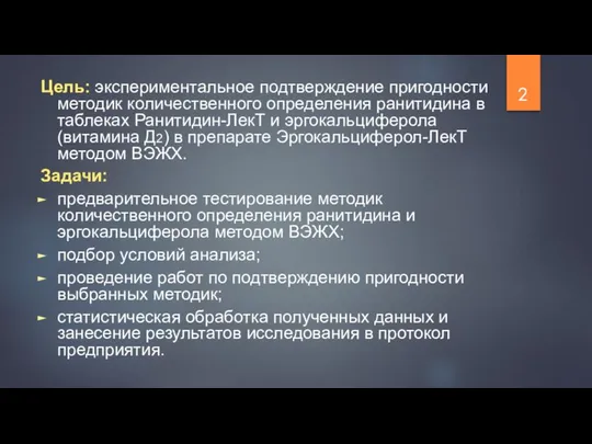 Цель: экспериментальное подтверждение пригодности методик количественного определения ранитидина в таблеках Ранитидин-ЛекТ