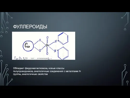 ФУЛЛЕРОИДЫ Обладает ферромагнетизмом; новые классы полупроводников; аналогичные соединения с металлами Pt группы, аналогичные свойства