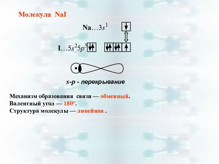 Молекула NaI Механизм образования связи — обменный. Валентный угол — 180°. Структура молекулы — линейная .