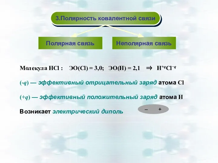 3.Полярность ковалентной связи Полярная связь Неполярная связь Молекула НСl : ЭО(Cl)