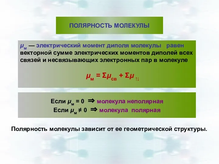 ПОЛЯРНОСТЬ МОЛЕКУЛЫ μм — электрический момент диполя молекулы равен векторной сумме