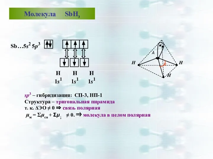 sp3 – гибридизация: СП-3, НП-1 Структура – тригональная пирамида т. к.