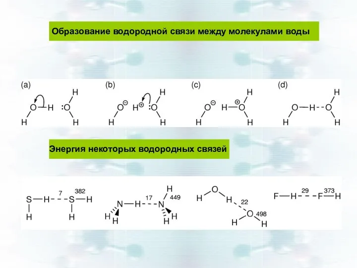 Образование водородной связи между молекулами воды Энергия некоторых водородных связей