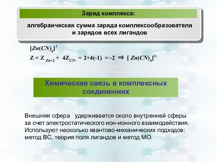 [Zn(CN)4]? Z = Z Zn+2 + 4ZCN– = 2+4(-1) = -2