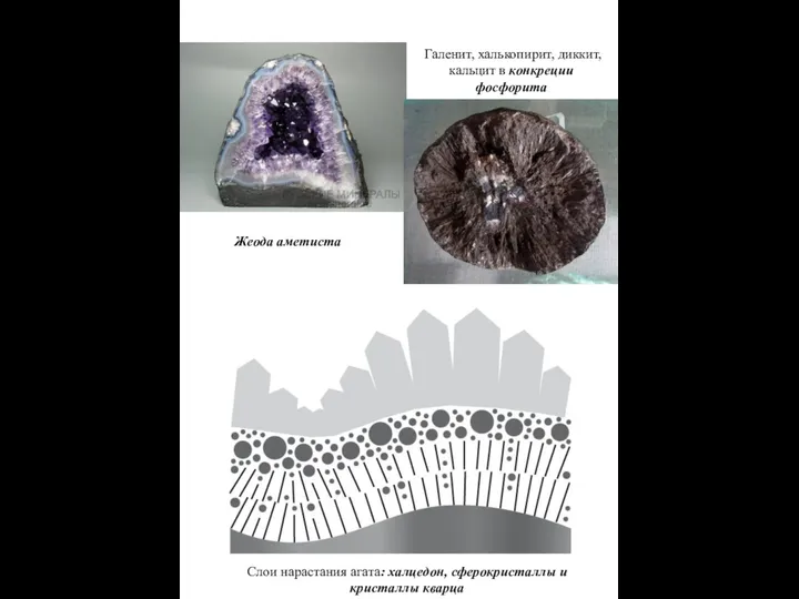 Жеода аметиста Слои нарастания агата: халцедон, сферокристаллы и кристаллы кварца Галенит,