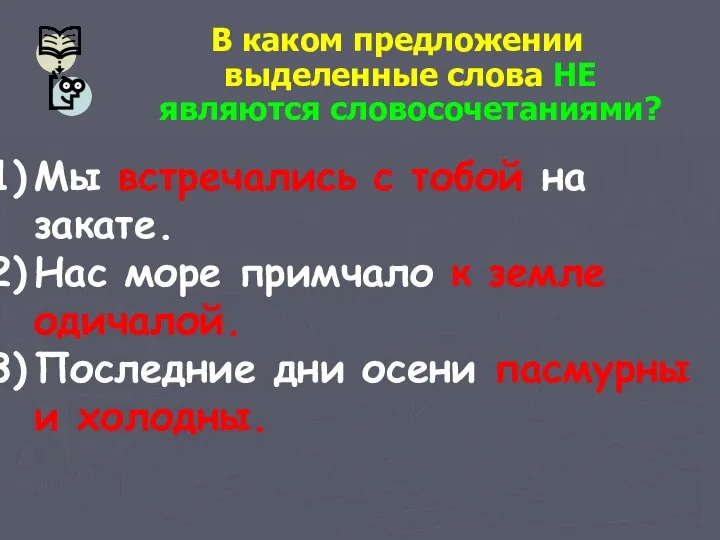 В каком предложении выделенные слова НЕ являются словосочетаниями? Мы встречались с