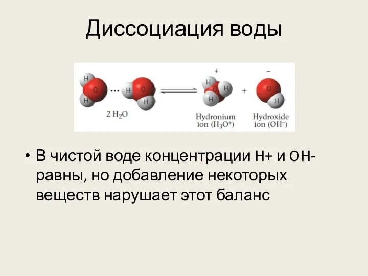 Диссоциация воды В чистой воде концентрации H+ и OH- равны, но