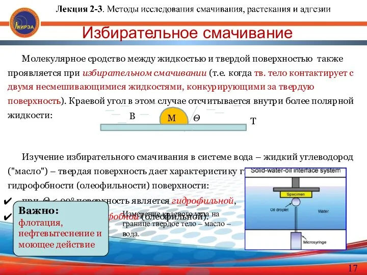 Избирательное смачивание Т Измерение краевого угла на границе твердое тело –