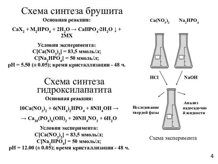 Схема синтеза гидроксилапатита Основная реакция: 10Ca(NO3)2 + 6(NH4)2HPO4 + 8NH4OH →