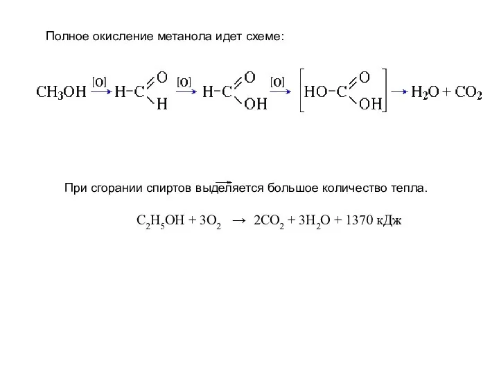 Полное окисление метанола идет схеме: При сгорании спиртов выделяется большое количество