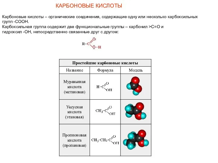 КАРБОНОВЫЕ КИСЛОТЫ Карбоновые кислоты – органические соединения, содержащие одну или несколько