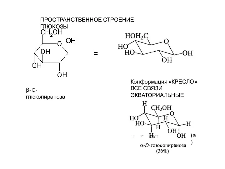 ПРОСТРАНСТВЕННОЕ СТРОЕНИЕ ГЛЮКОЗЫ ≡ Конформация «КРЕСЛО» ВСЕ СВЯЗИ ЭКВАТОРИАЛЬНЫЕ (а) β- D-глюкопираноза