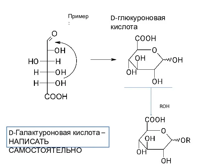 Пример: D-глюкуроновая кислота ROH D-Галактуроновая кислота – НАПИСАТЬ САМОСТОЯТЕЛЬНО