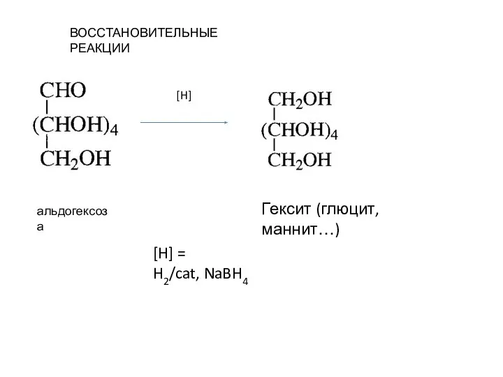 ВОССТАНОВИТЕЛЬНЫЕ РЕАКЦИИ альдогексоза [H] Гексит (глюцит, маннит…) [H] = H2/cat, NaBH4