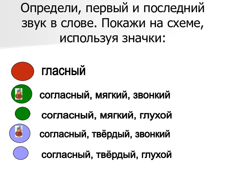 Определи, первый и последний звук в слове. Покажи на схеме, используя