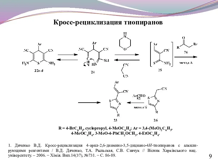 Кросс-рециклизация тиопиранов 1. Дяченко В.Д. Кросс-рециклизация 4-арил-2,6-диамино-3,5-дициано-4Н-тиопиранов с алкили-рующими реагентами /