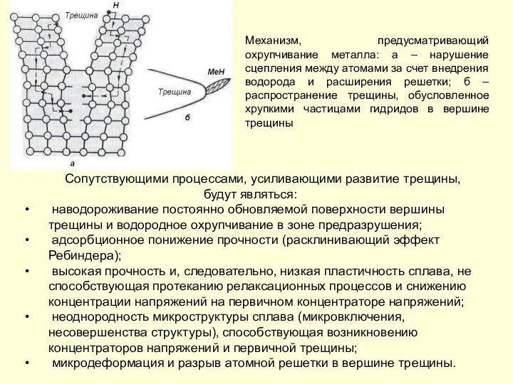 Сопутствующими процессами, усиливающими развитие трещины, будут являться: наводороживание постоянно обновляемой поверхности