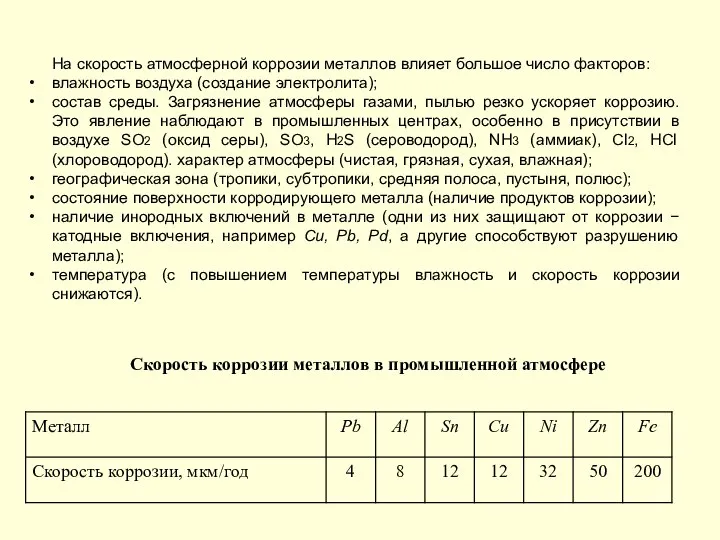 На скорость атмосферной коррозии металлов влияет большое число факторов: влажность воздуха