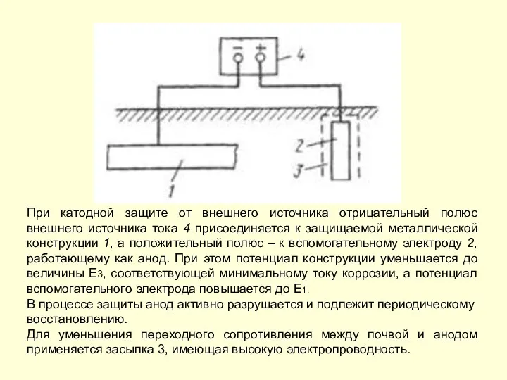 При катодной защите от внешнего источника отрицательный полюс внешнего источника тока