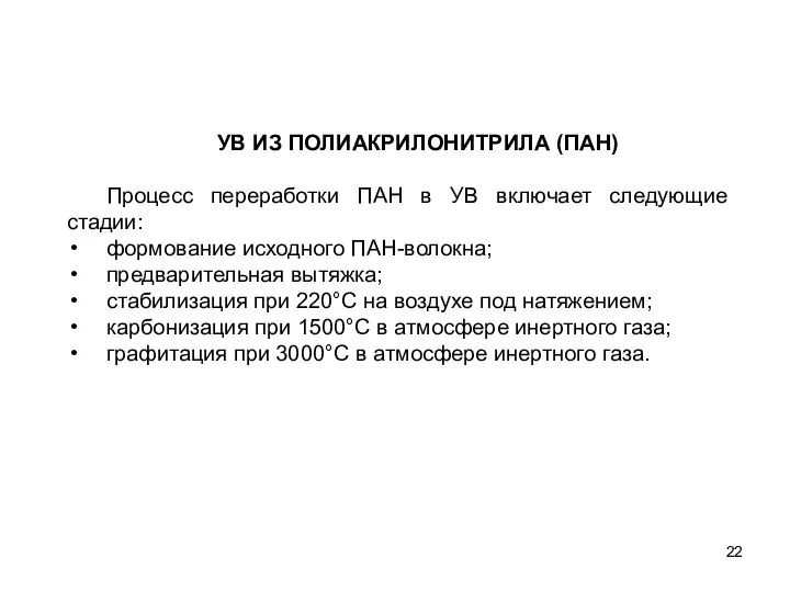 УВ ИЗ ПОЛИАКРИЛОНИТРИЛА (ПАН) Процесс переработки ПАН в УВ включает следующие