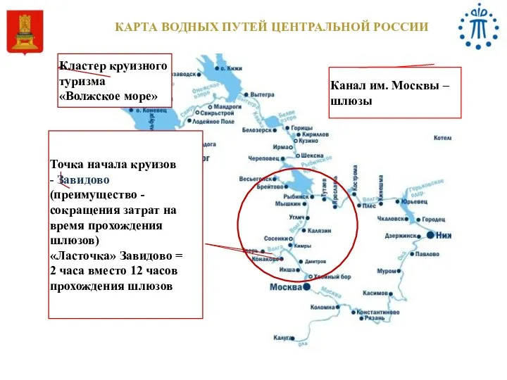 КАРТА ВОДНЫХ ПУТЕЙ ЦЕНТРАЛЬНОЙ РОССИИ Канал им. Москвы – шлюзы Кластер